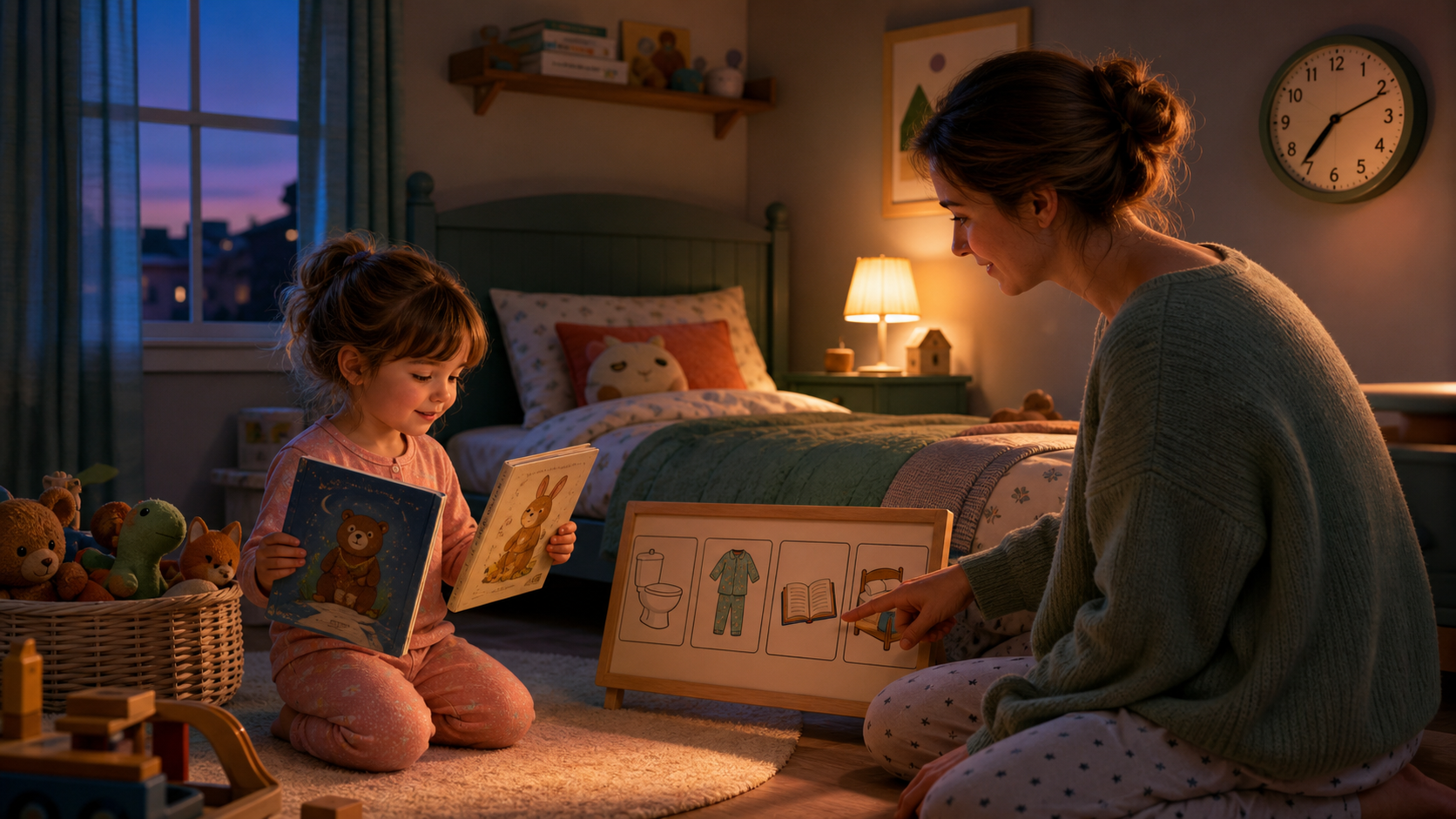 A four-year-old winding down in a warm bedroom while a parent checks the evening schedule
