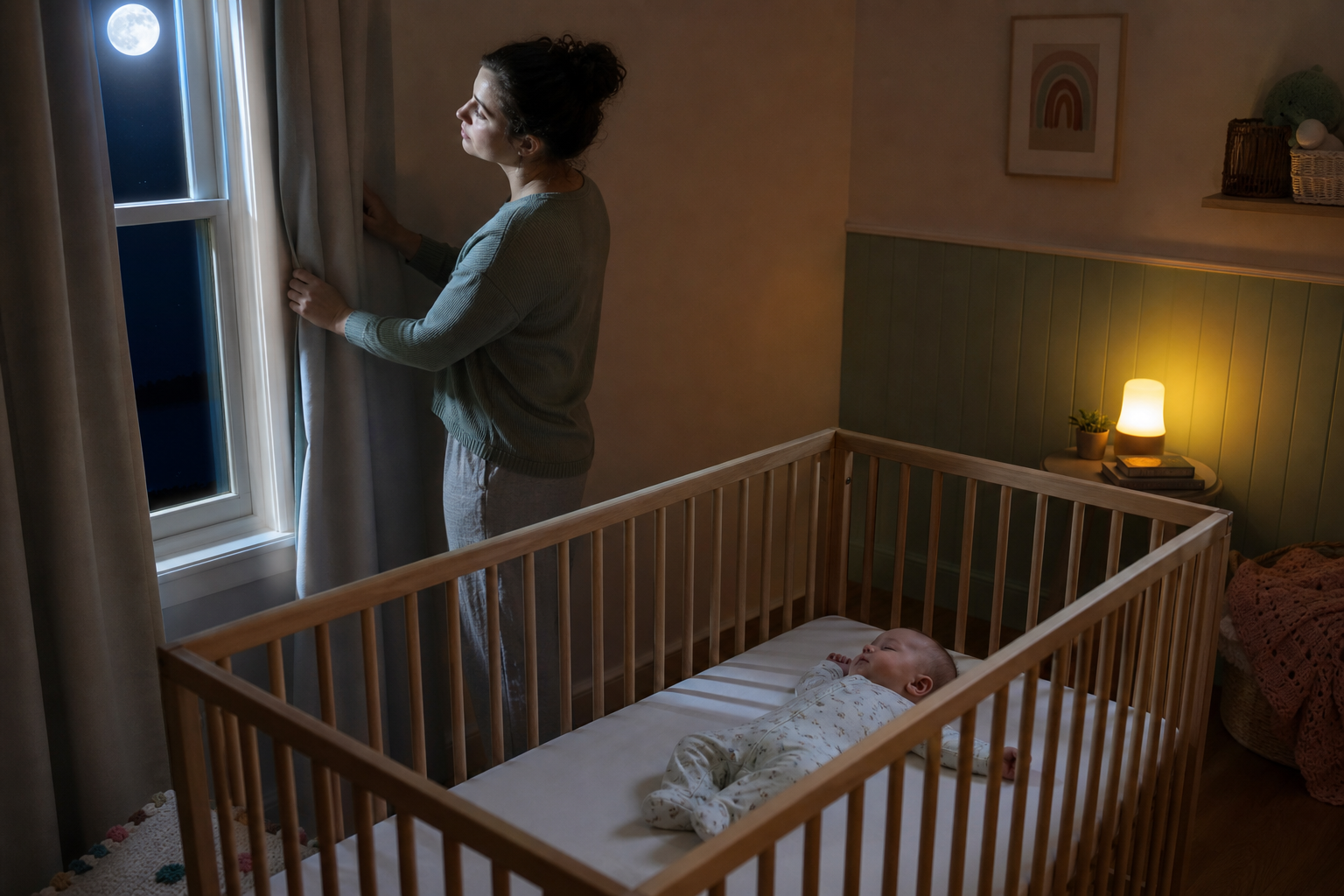 Caregiver closing a curtain against full moonlight while a baby rests safely in a clear crib