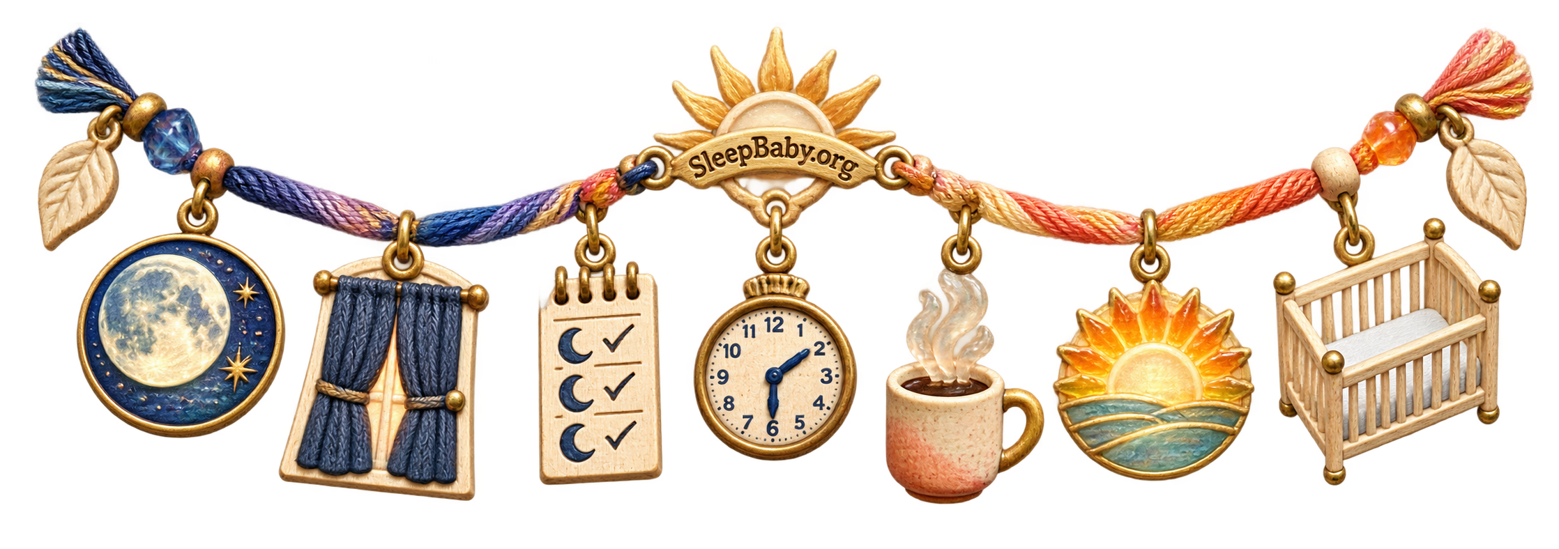 A SleepBaby dawn ribbon linking the full moon, closing curtain, three-night note, clock, warm mug, sunrise, and clear crib