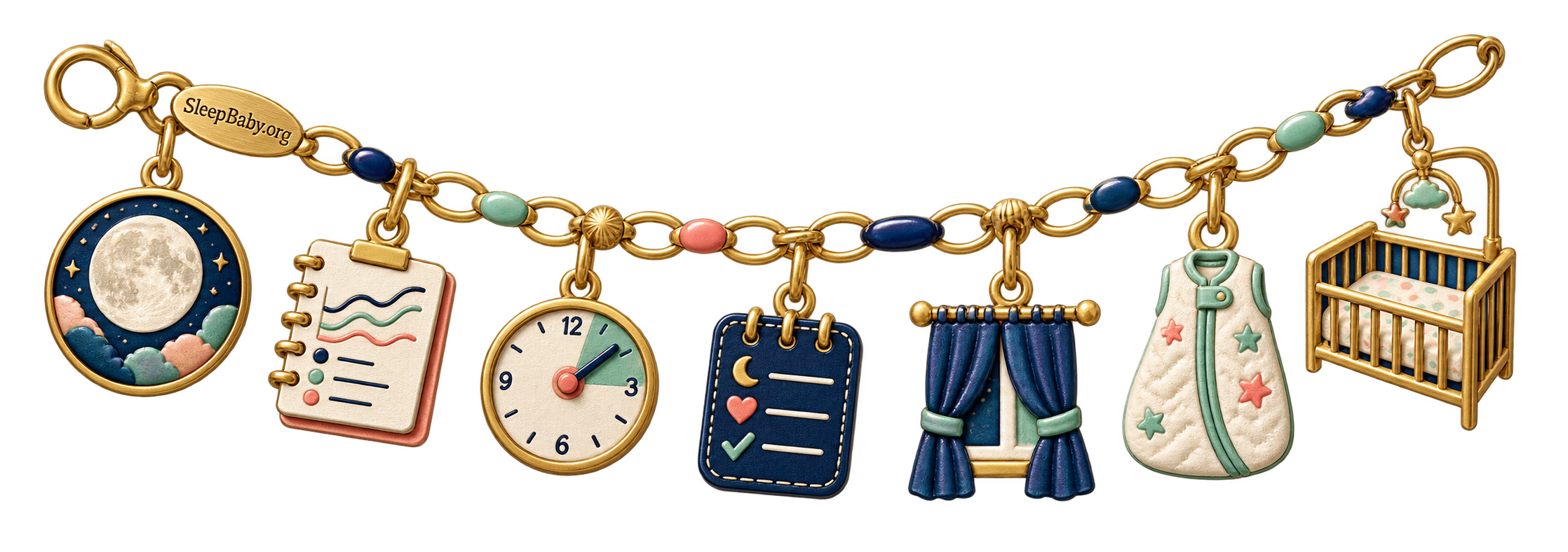 A SleepBaby evidence ribbon linking a full moon, study notes, clock, three-night checklist, sleep sack, curtain, and clear crib