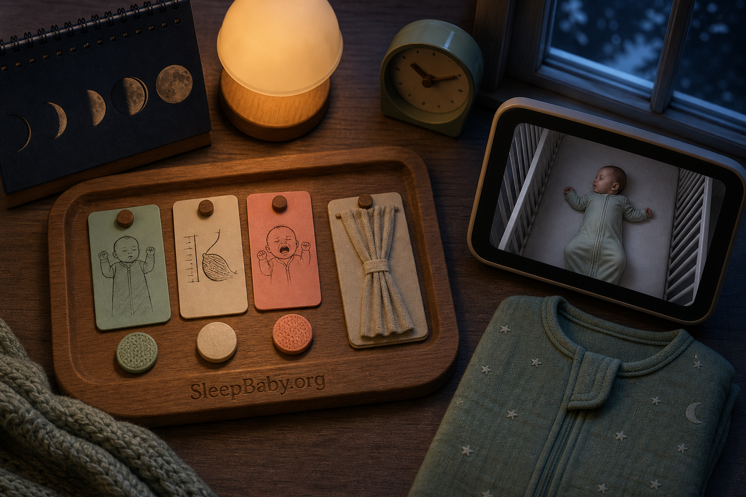 An overhead SleepBaby night desk where moon phases give way to three-night notes, a feeding cue, room-light check, clock, and clear-crib monitor