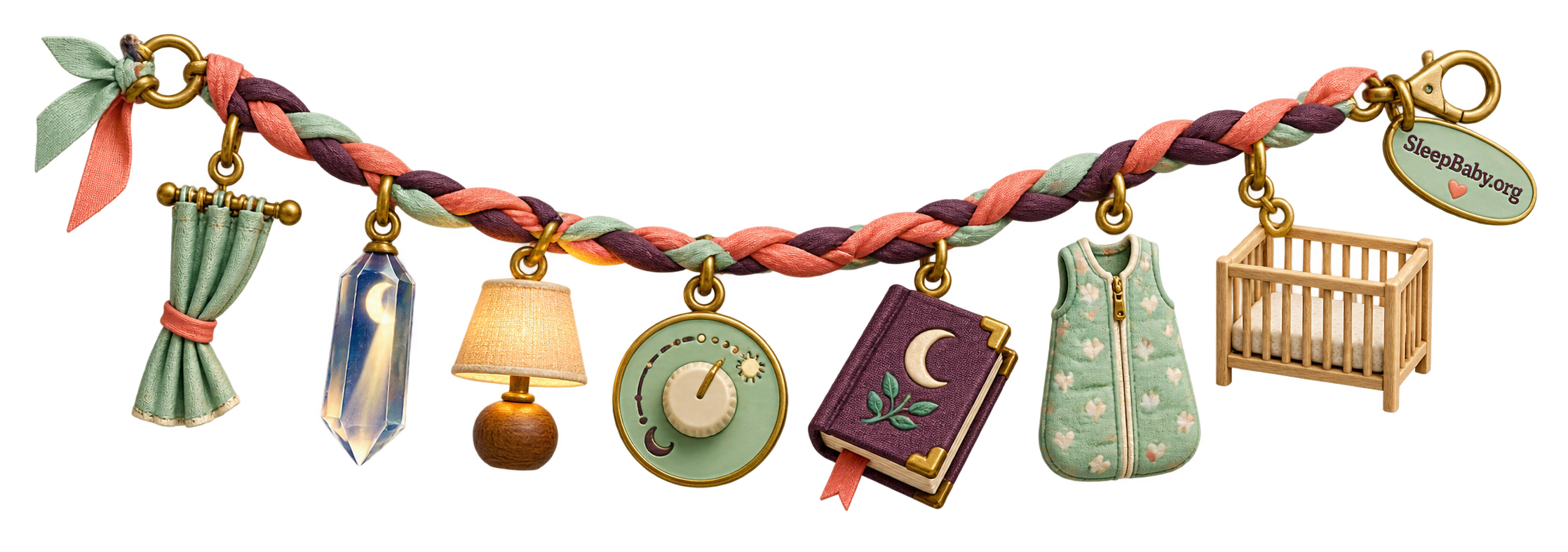A SleepBaby one-change ribbon linking a curtain, moonlight stripe, dim lamp, adjustment dial, bedtime book, sleep sack, and clear crib
