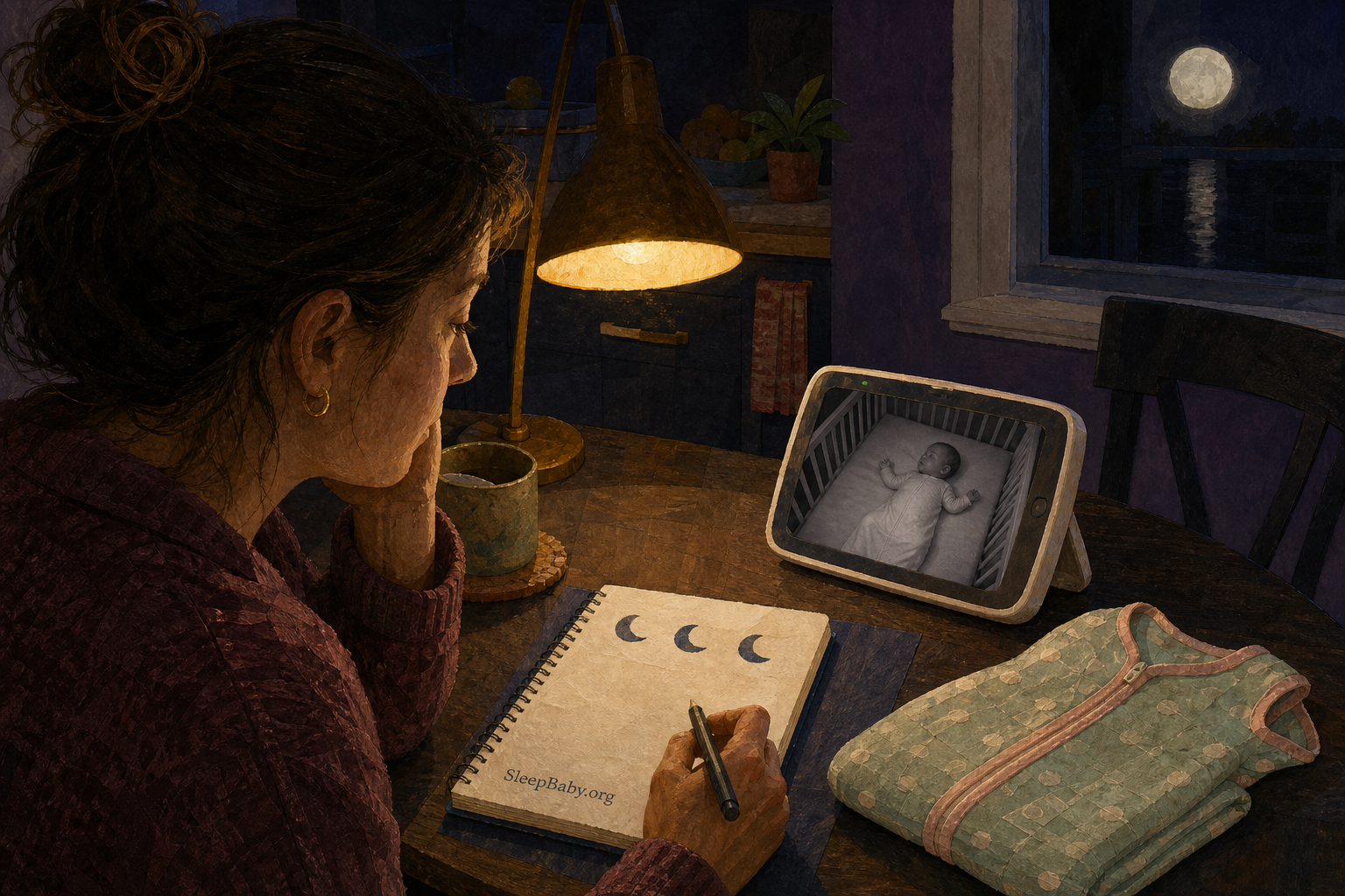 A caregiver records a few night-waking clues beside a baby monitor while the baby sleeps safely in a clear crib