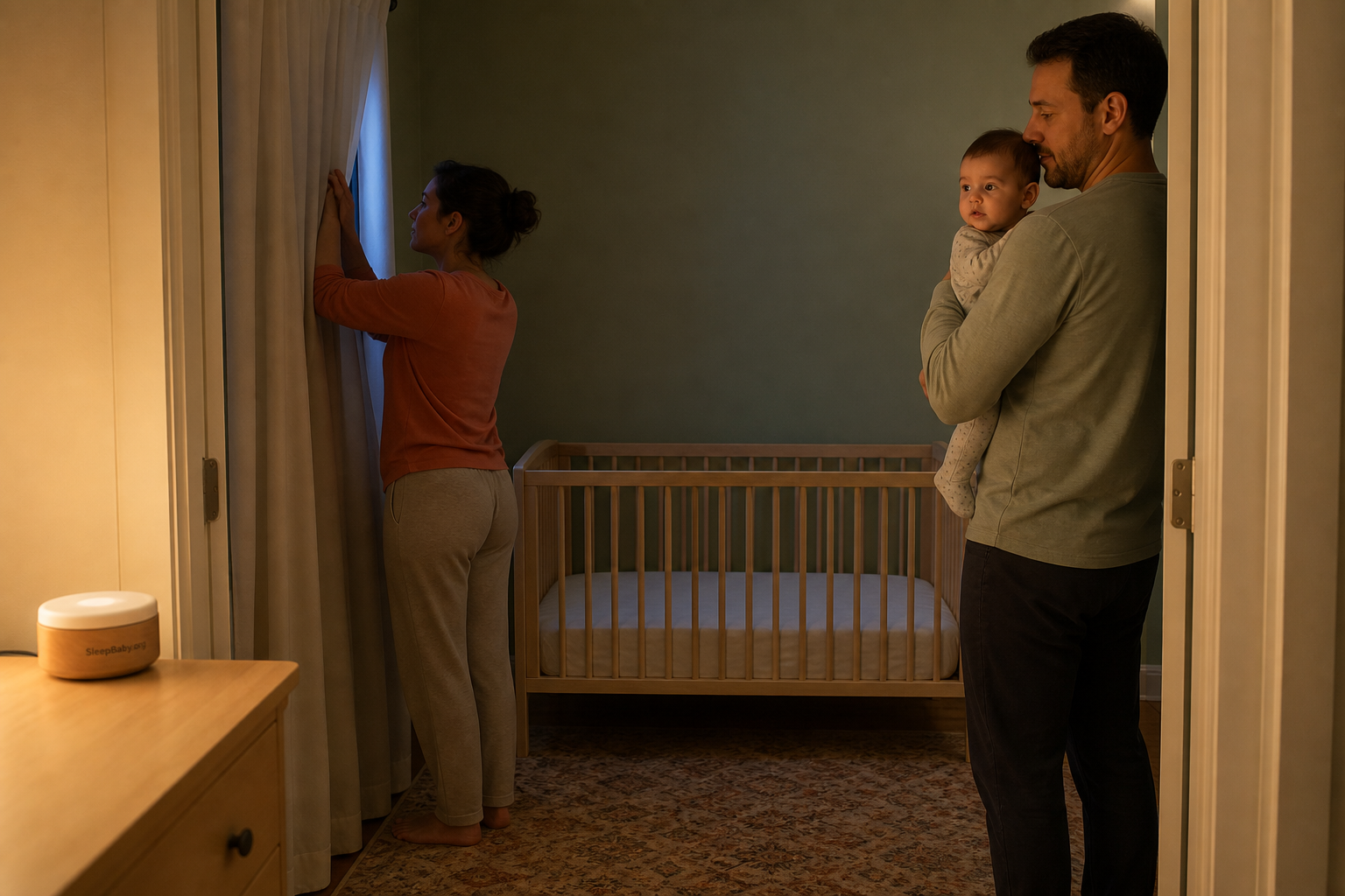 A caregiver tests a stripe of moonlight at a plain curtain while another adult holds the baby away from the window and a clear crib waits nearby