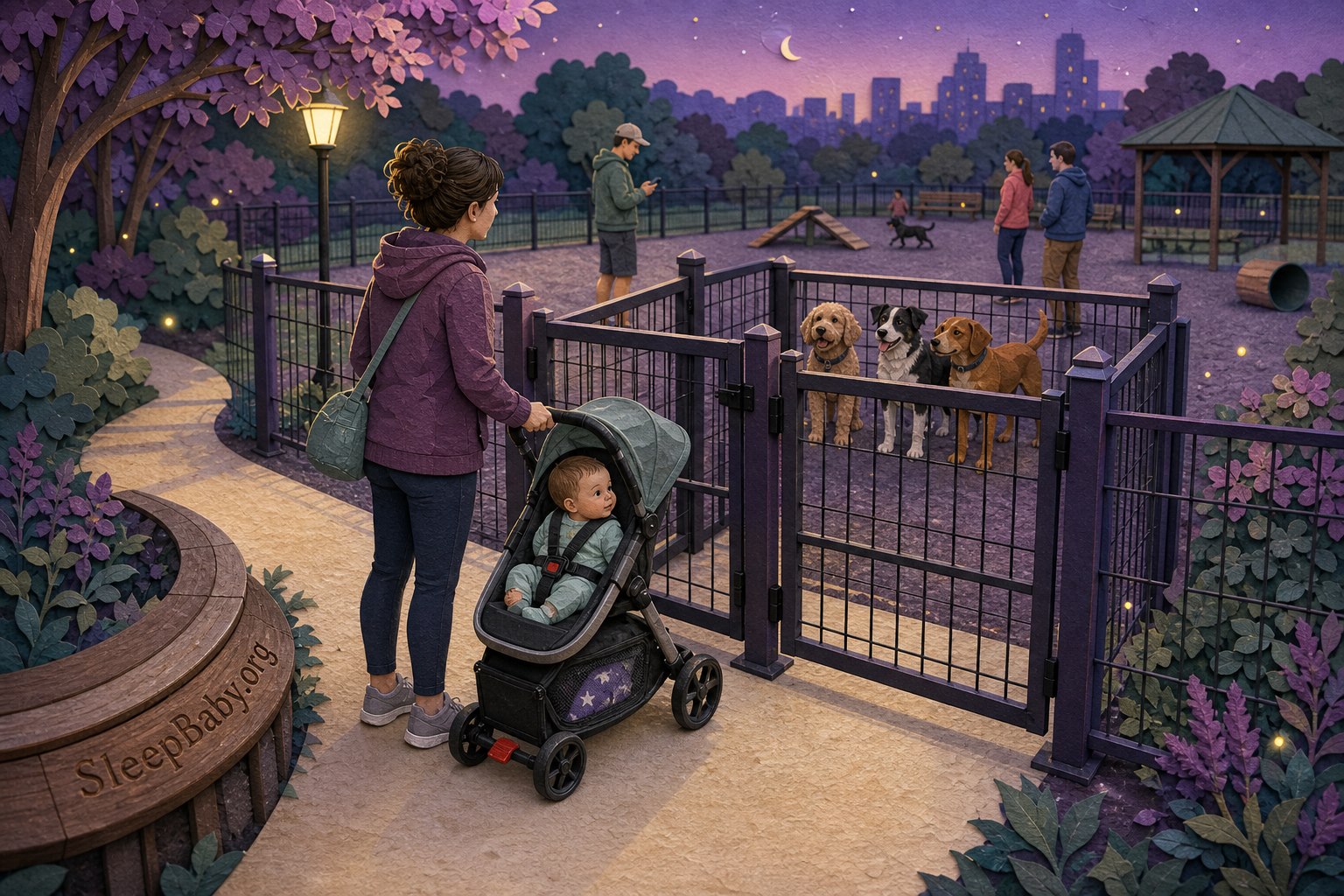 Paper-cut illustration shows a brake-set stroller and caregiver outside a double dog-park gate while several dogs and their owners remain inside.