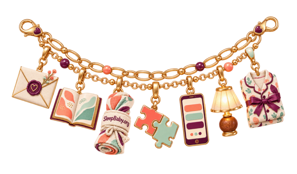 A gold charm strand moves from sealed result envelope to reveal book, reusable banner, puzzle and captioned phone, ending with a reading lamp and folded pajamas.