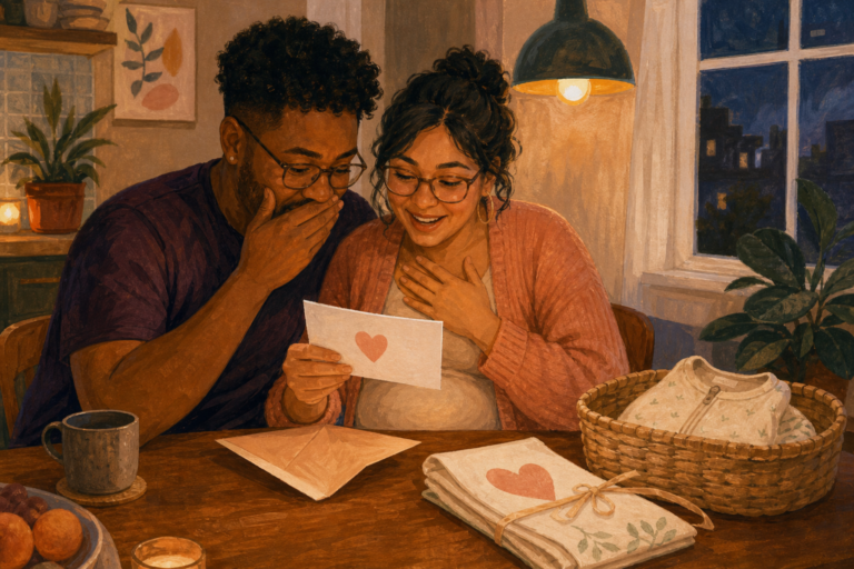 Expectant couple opens a sealed result envelope at an evening kitchen table beside a folded reusable reveal banner and future sleep sack.