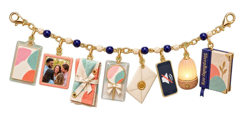 A gold charm strand saves the reveal card, group photo, folded banner, stored topper and sealed envelope before a muted phone, nightlight and bedtime book.