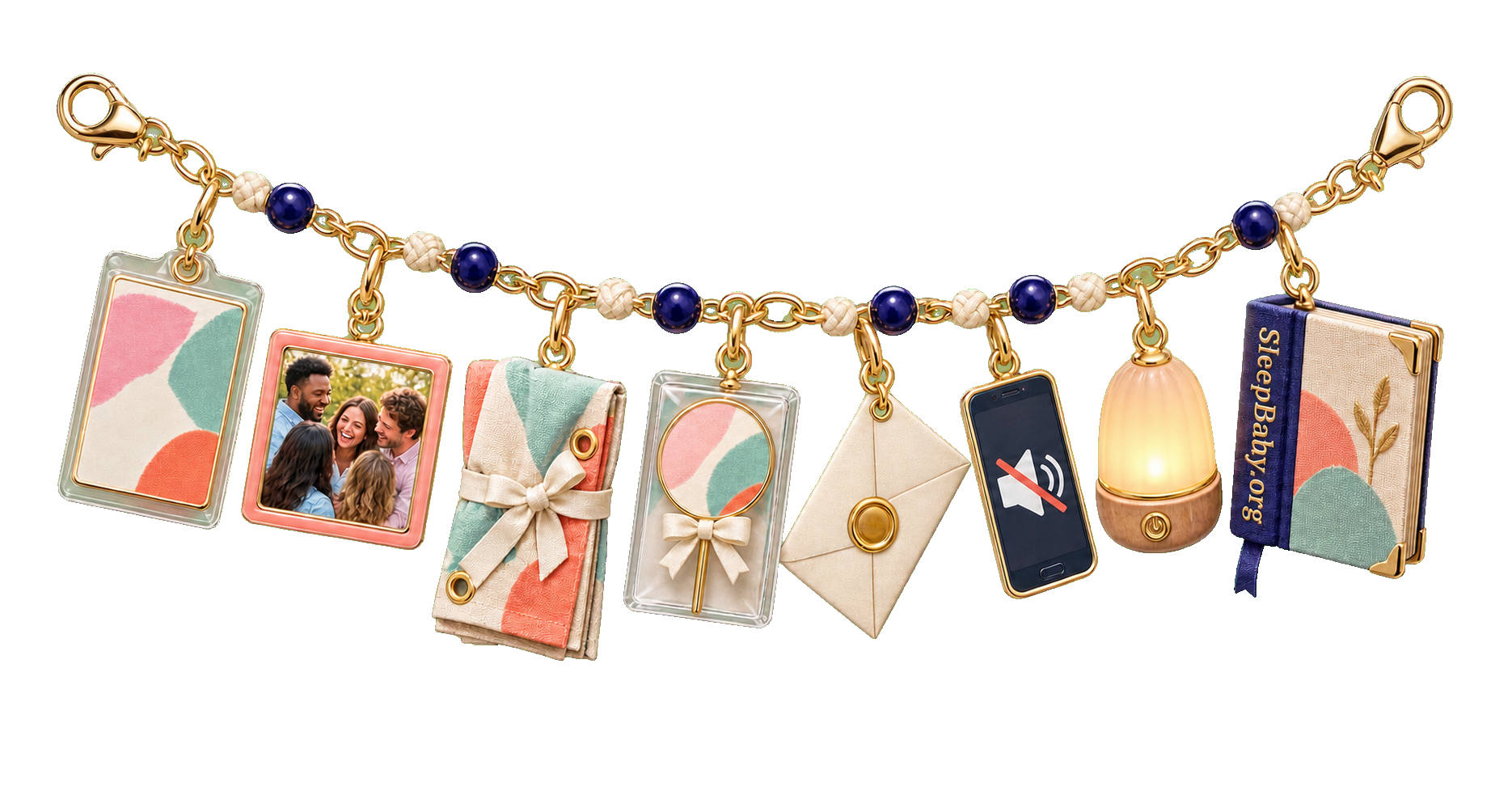A gold charm strand saves the reveal card, group photo, folded banner, stored topper and sealed envelope before a muted phone, nightlight and bedtime book.