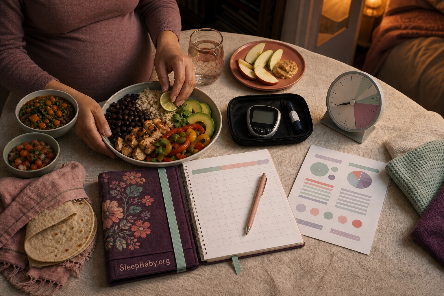 A pregnant parent records meal timing beside a balanced plate, closed glucose-meter case, blank log, pattern sheet, and warm bedroom lamp