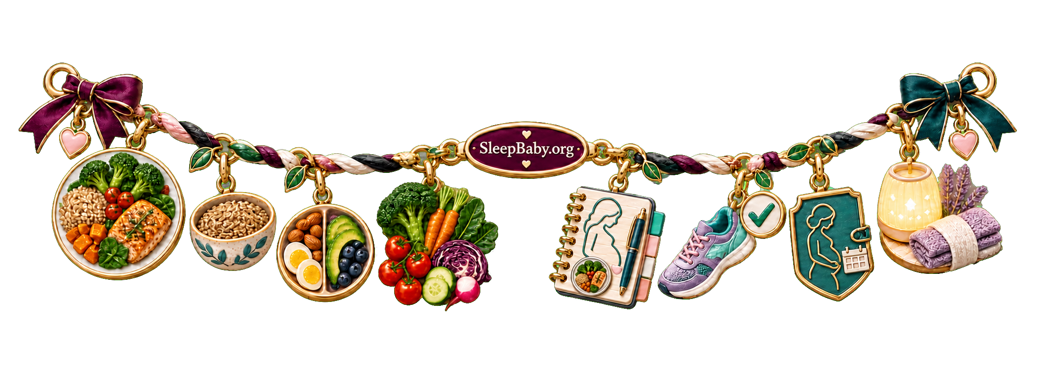 A meal-and-treatment charm ribbon with a balanced plate, whole grains, protein and fiber, vegetables, nutrition folio, walking shoe, maternal care-plan shield, and night-light