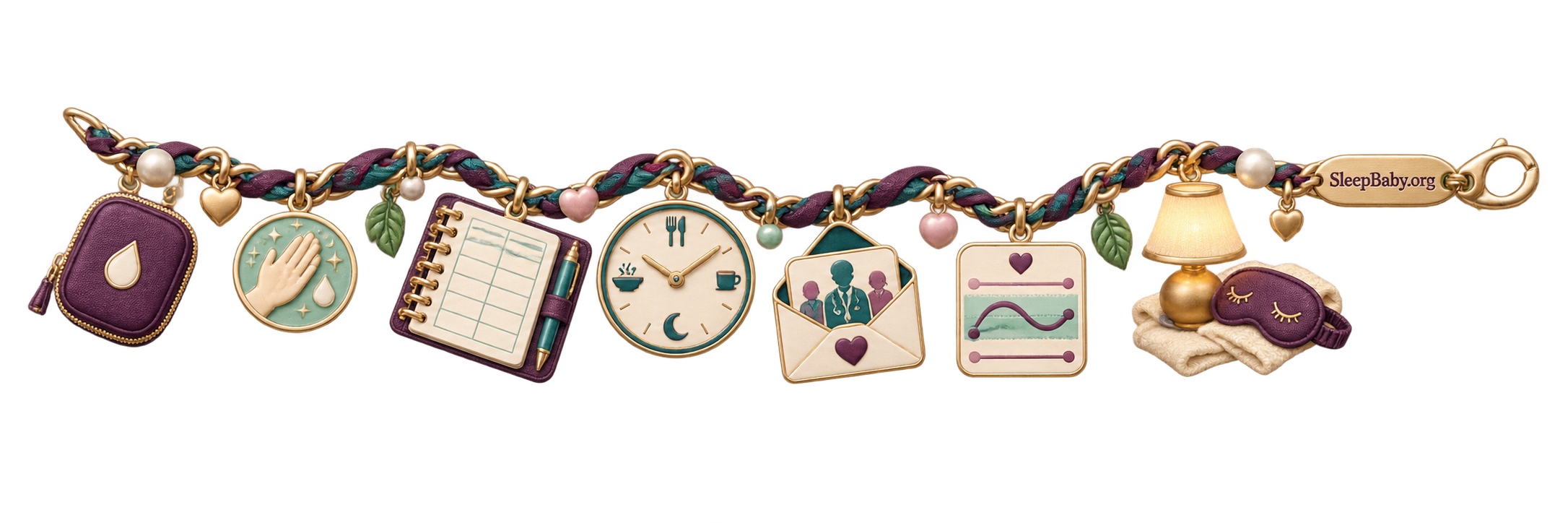 A glucose-monitoring charm ribbon with a closed meter case, clean hand, blank log, meal clock, care-team message, pattern card, bedside lamp, and sleep mask