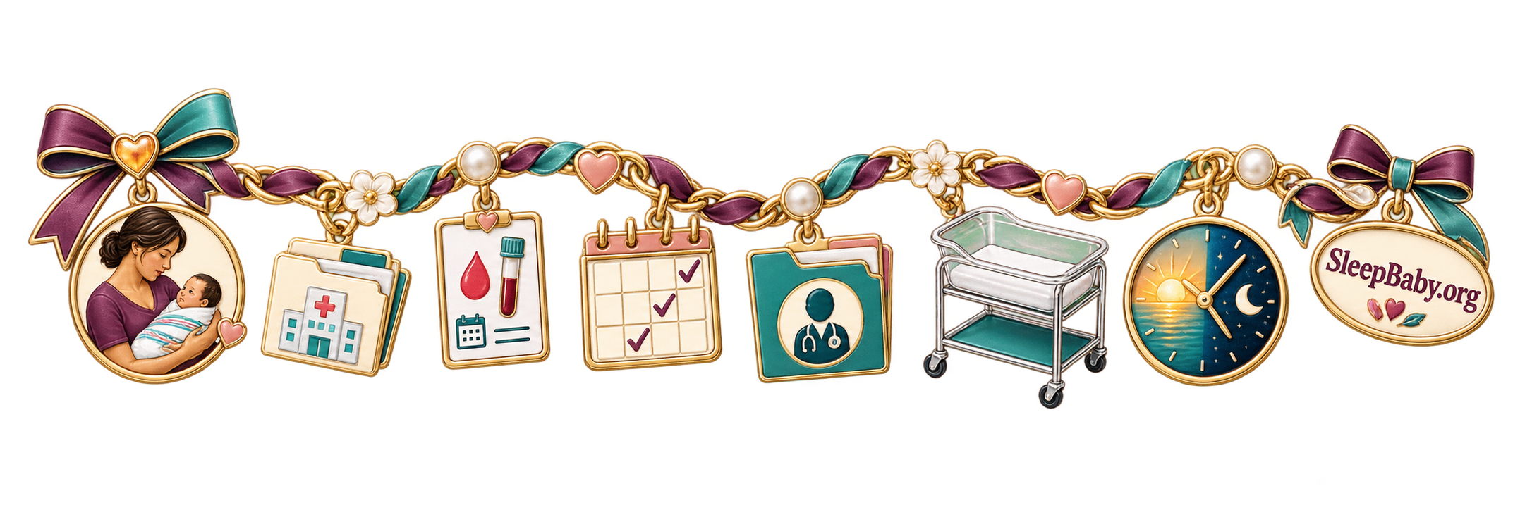 A postpartum follow-up charm ribbon with a parent and newborn, discharge folder, lab card, calendar, primary-care folder, empty safe bassinet, and day-night clock