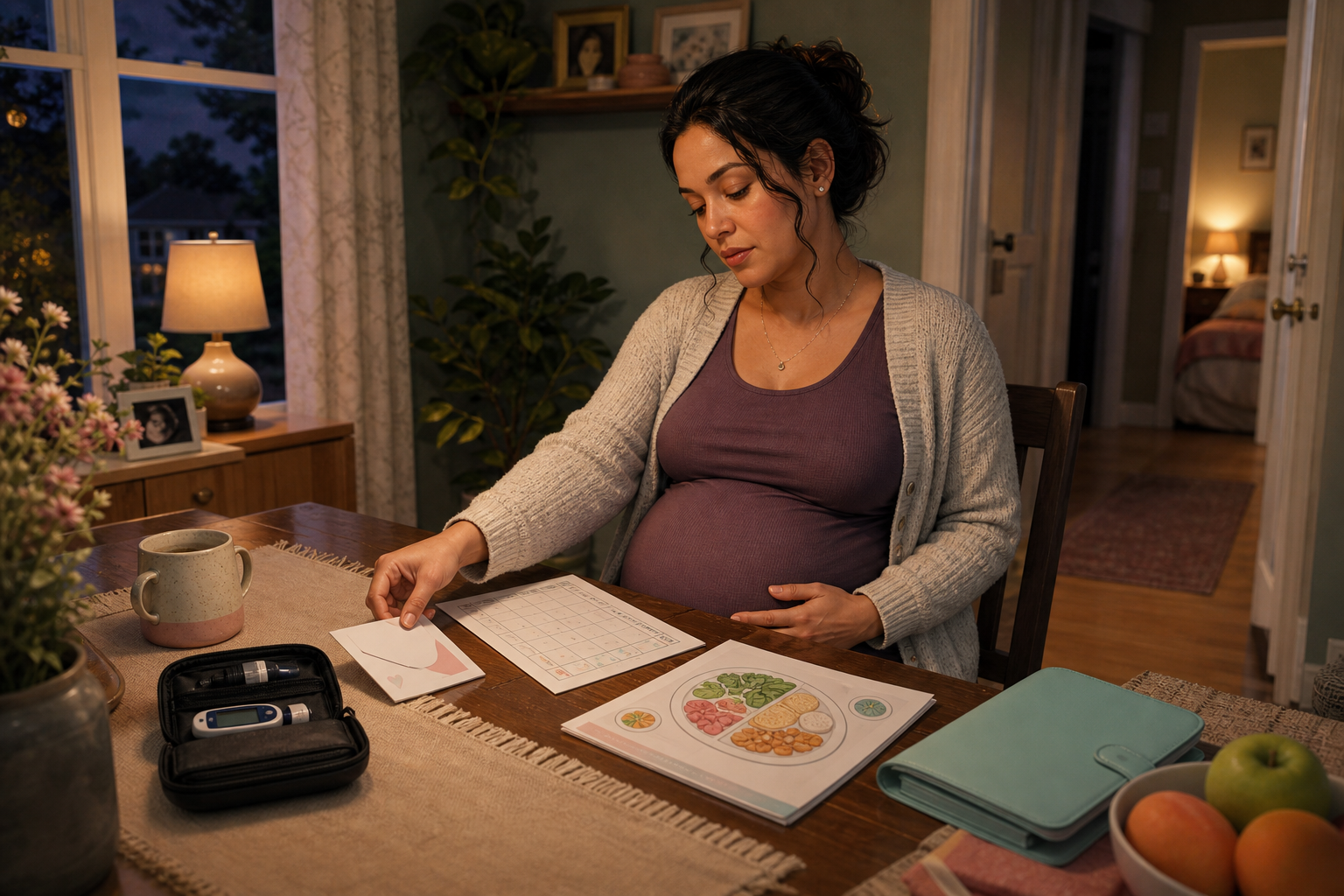 Pregnant parent at an evening table with a closed glucose meter kit, care calendar, meal plan and bedroom visible beyond