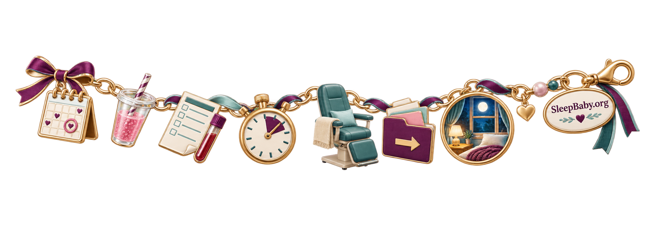 A gestational-diabetes screening charm ribbon with a prenatal calendar, glucose drink, lab slip and tube, timed clock, clinic chair, next-step folder, and moonlit bedroom window