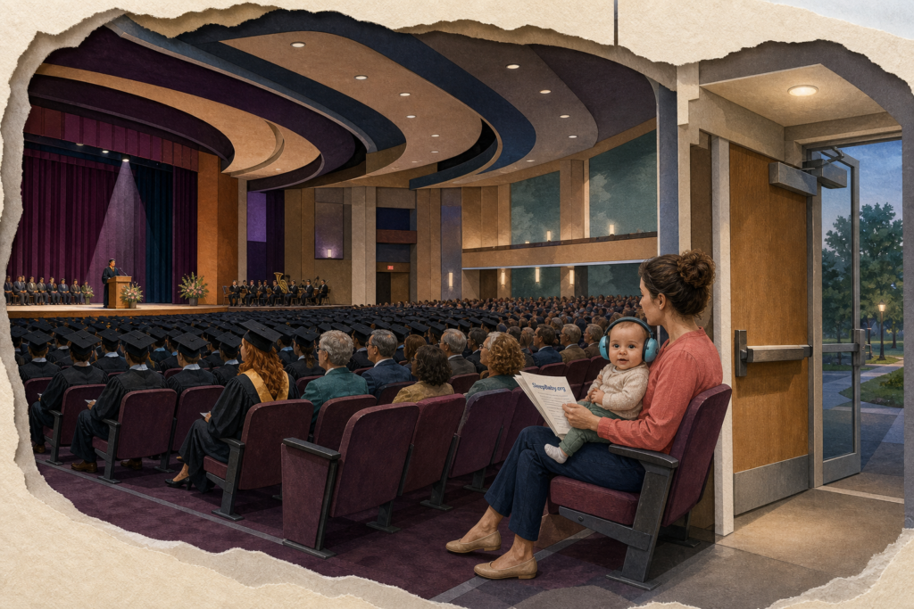 A caregiver holds an awake baby in protective earmuffs beside a rear aisle exit while graduates sit near a distant auditorium stage.