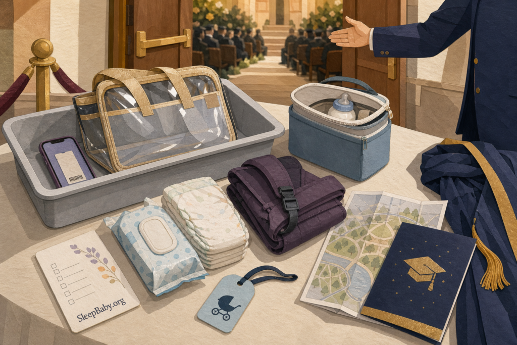 An auditorium entry checkpoint displays a phone ticket, clear bag, diapers, folded carrier, milk cooler, venue map, stroller tag, and graduation program.