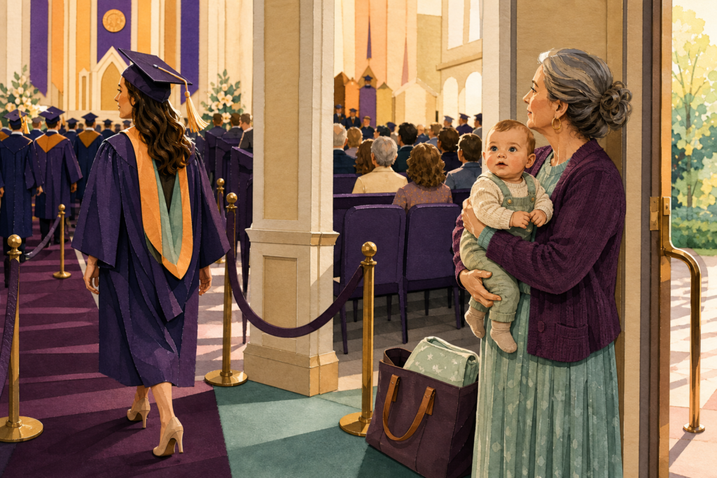 A graduate enters the candidate procession while a grandmother holds an awake baby beside the guest aisle and an open exit.