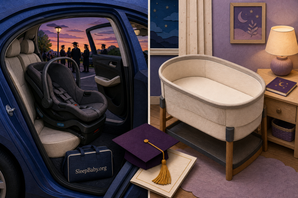An empty rear-facing car seat in a parked car appears beside an empty bare bassinet at home after a graduation.