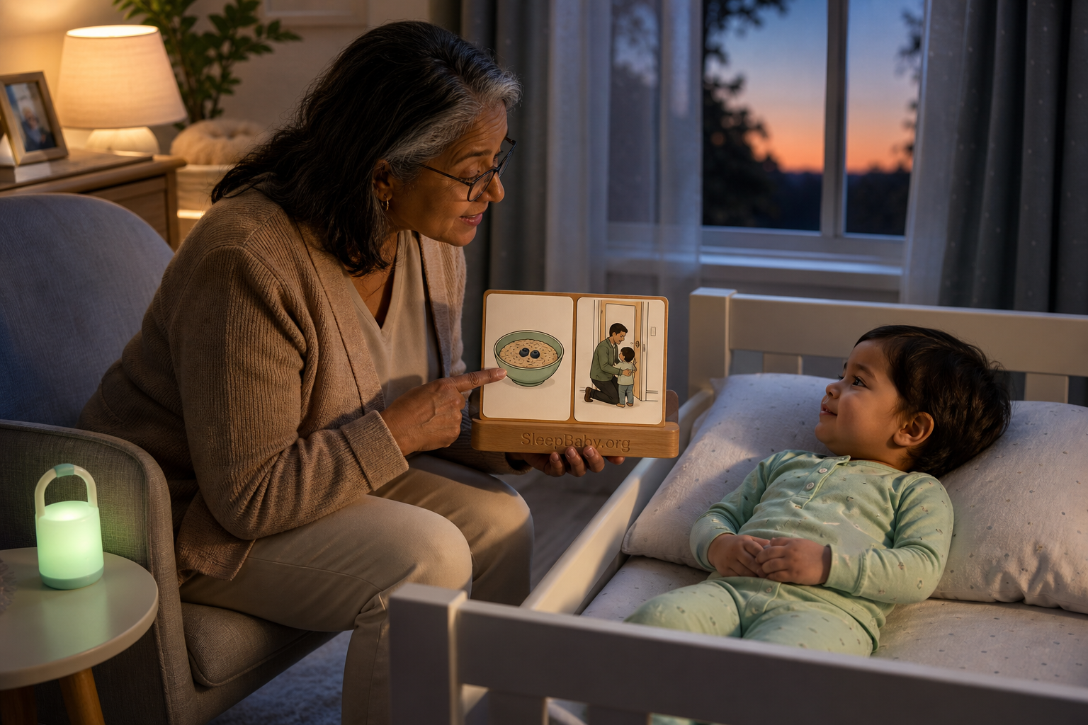 Grandmother beside an awake toddler's bed points to a picture card showing breakfast followed by a parent returning at the doorway