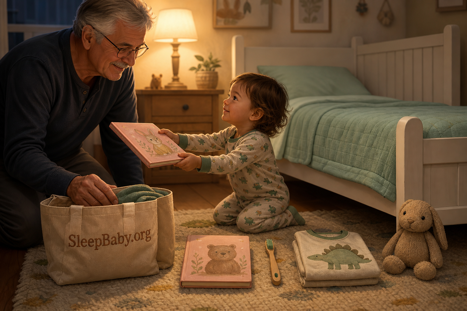 Grandfather and pajama-clad toddler choose two bedtime books beside a toothbrush, folded pajamas, tote, and prepared toddler bed