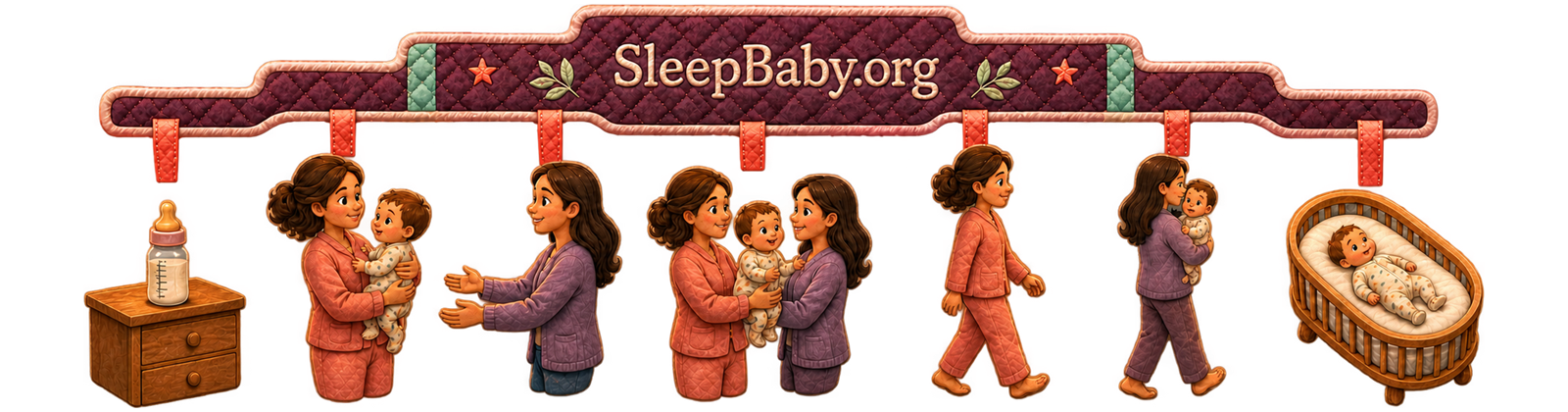 Seven stepped fabric scenes move from feeding through an awake handoff to back placement in a firm flat empty bassinet.