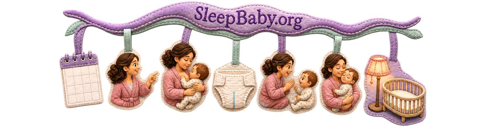 Seven lavender fabric scenes leave a blank calendar behind and follow real baby evidence toward a warm-lit empty bassinet.