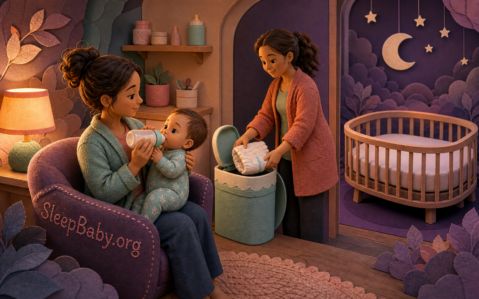 An awake baby receives a supported bottle feed while a changed diaper and empty bassinet make feeding, hydration, and next sleep visible.