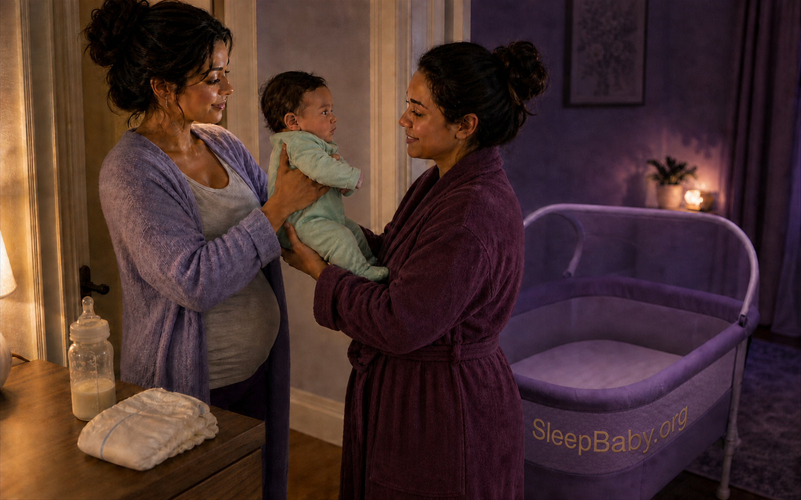 Two awake caregivers hand off an alert baby after a feed while a diaper clue and empty bassinet mark reassessment and safe return.
