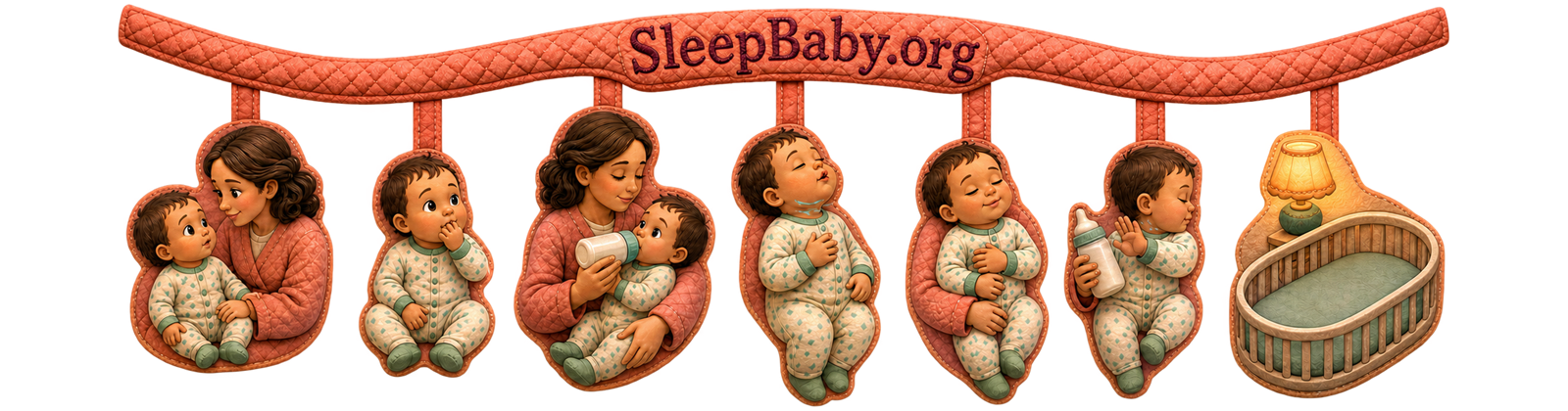 Seven fabric scenes move from noticing hunger through supported feeding and fullness cues to an empty bassinet for the next sleep.