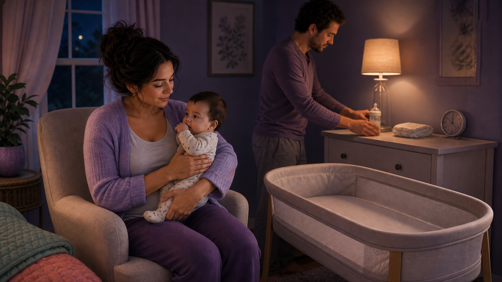 Two awake caregivers respond to an infant hunger cue beside a bottle, diaper clue, and firm flat empty bassinet during a dim night feed.