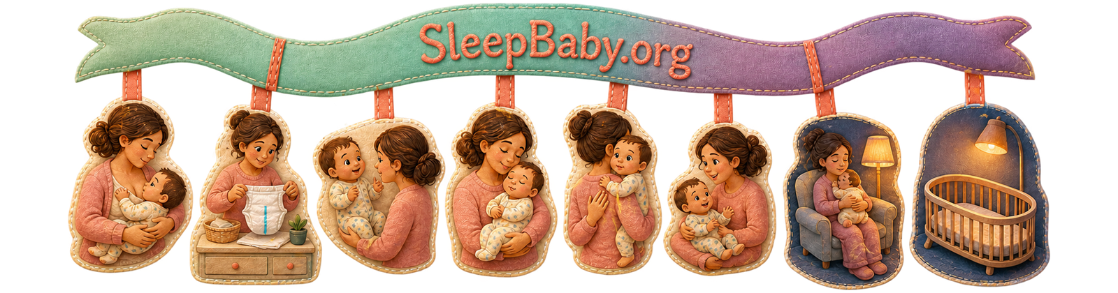Eight mint and plum scenes connect feeding response, a diaper clue, alert behavior, calm resettling, and the next safe sleep.