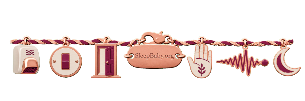 Rose-gold charms trace a hand dryer, its off switch, an open restroom door, a steady hand, a fading sound wave and a bedtime crescent.