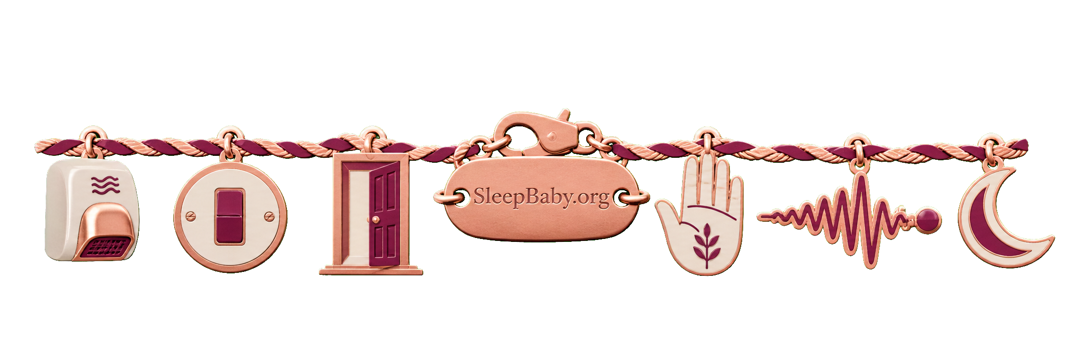 Rose-gold charms trace a hand dryer, its off switch, an open restroom door, a steady hand, a fading sound wave and a bedtime crescent.