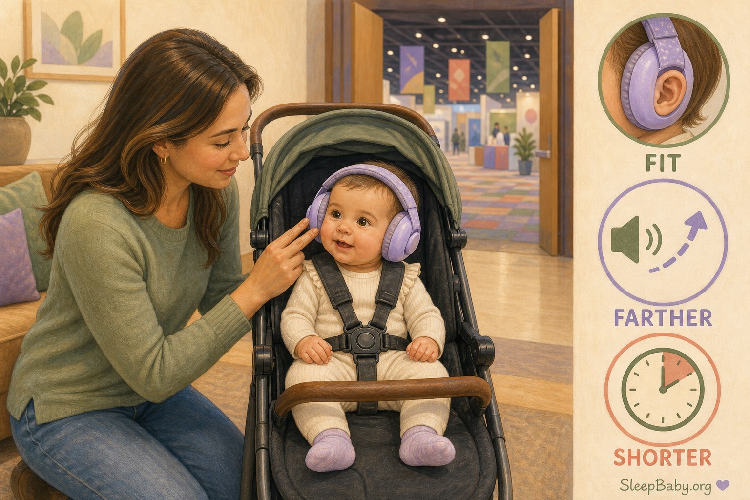 Mother checks lavender over-ear hearing protection on an awake harnessed baby in a quiet lobby beside large Fit, Farther, and Shorter cues.
