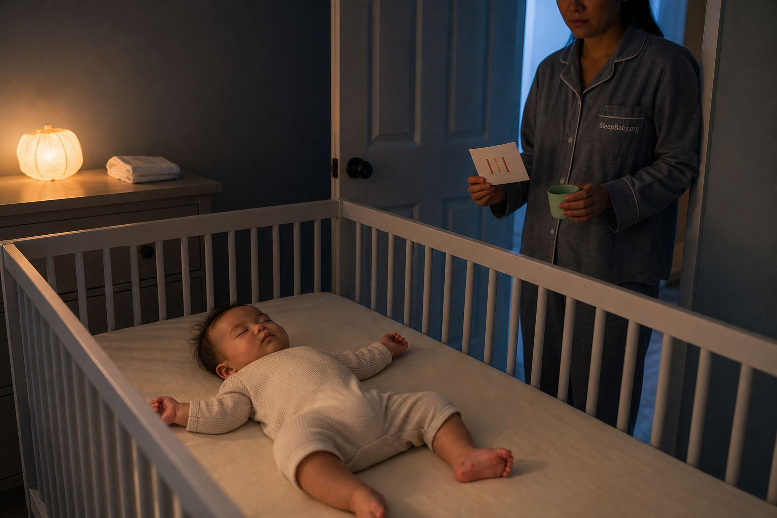 A caregiver holding a three-mark handoff card watches a baby sleep on the back in an empty fitted-sheet crib after an HFMD night check.