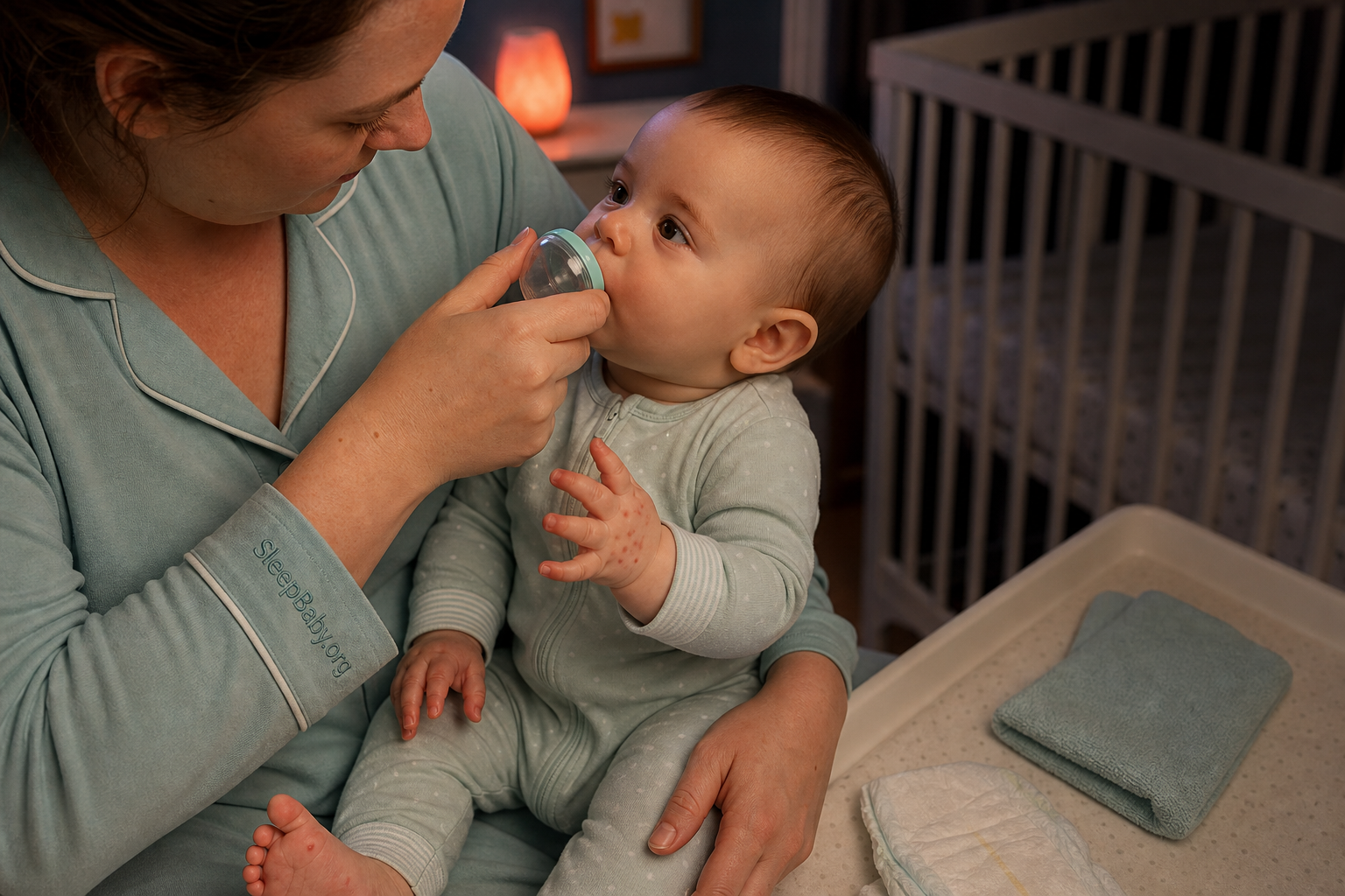An awake baby with subtle HFMD hand spots takes a small drink while a caregiver watches swallowing beside a fresh diaper and clear crib.