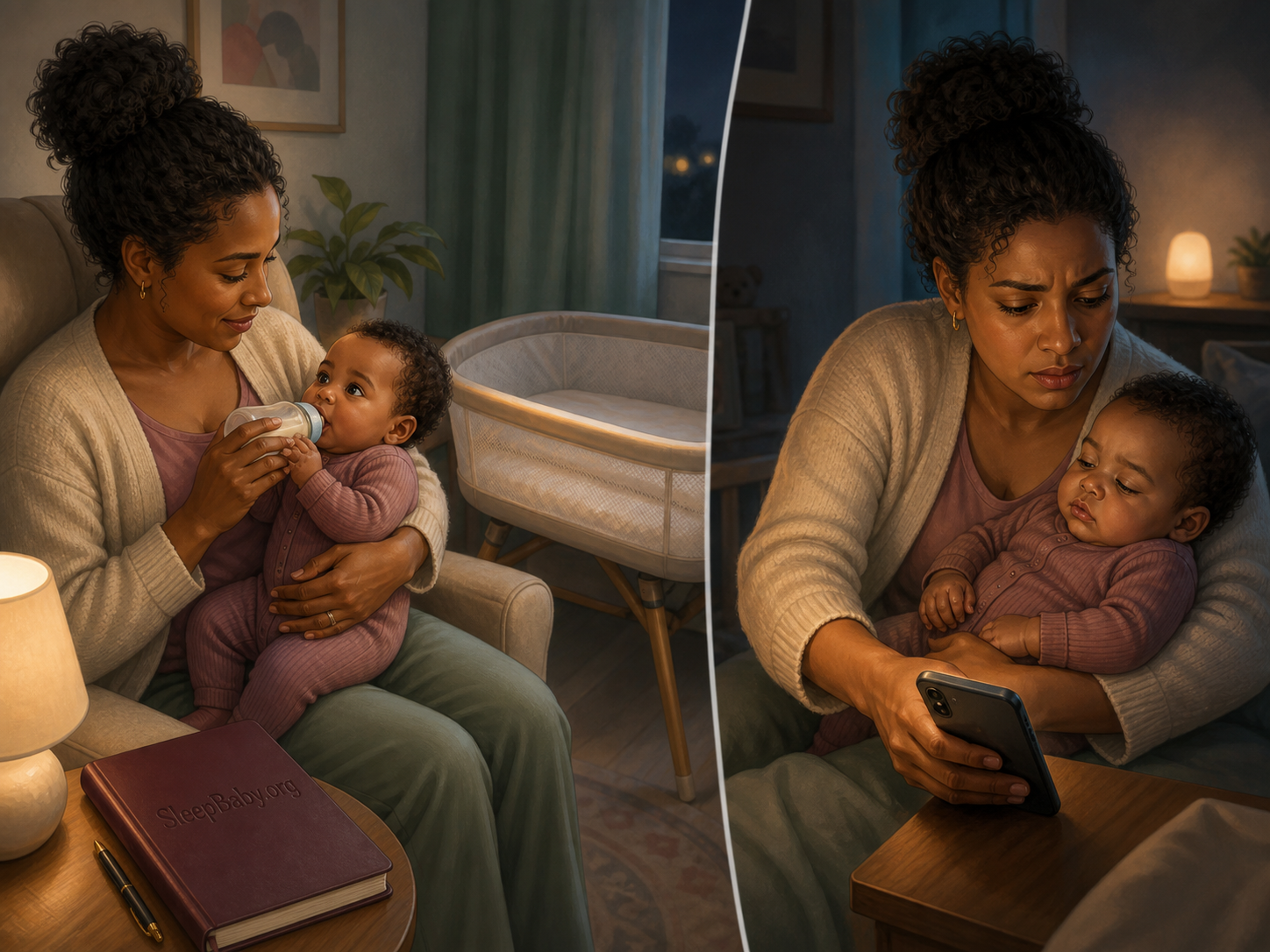 Paired scene contrasts normal waking and feeding with a caregiver seeking help after a sudden responsiveness change.