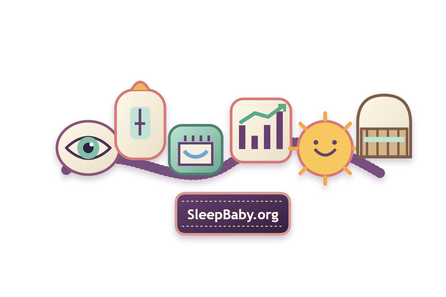 Editorial sleep rail links alert waking, feeding, wet diapers, growth, a smiling sun and an empty bassinet.