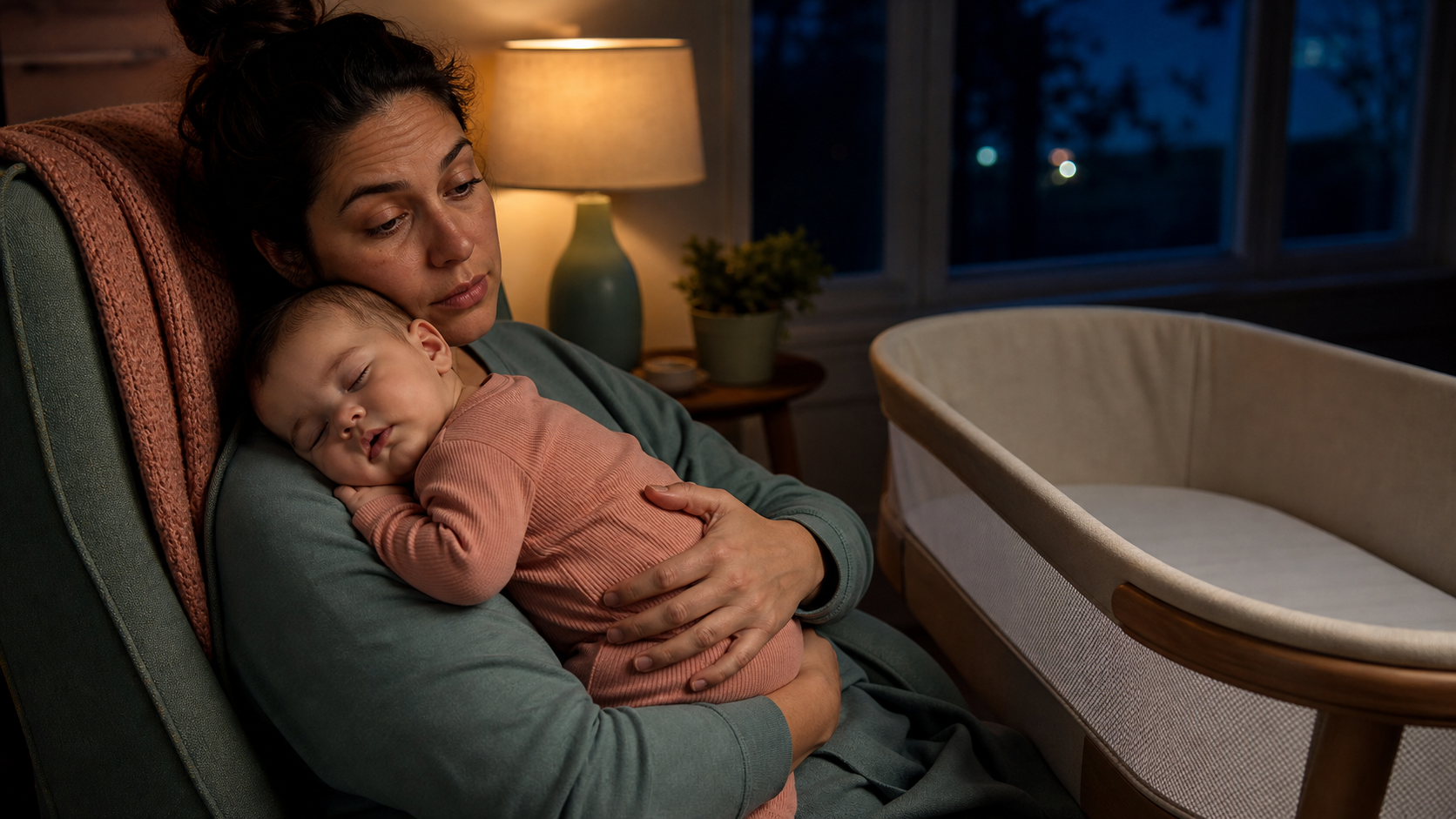 Awake tired parent holding a sleeping baby beside an empty bassinet at night