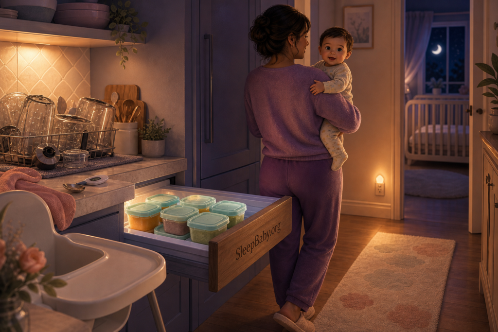 Homemade baby-food portions rest in a lit freezer beside clean blender parts and an empty high chair while a caregiver carries an awake baby toward a nightlit hall and bare crib.