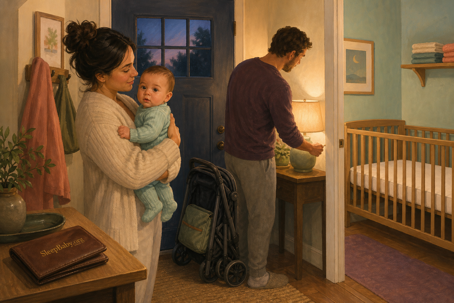 Evening illustration shows a caregiver holding an awake baby near a folded stroller while another adult resets a dim room beside an empty firm flat crib.