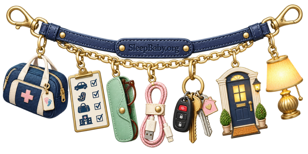 A navy final-check charm ribbon links a hospital bag, car-seat door list, glasses case, charging cable, keys, front door and glowing bedside lamp