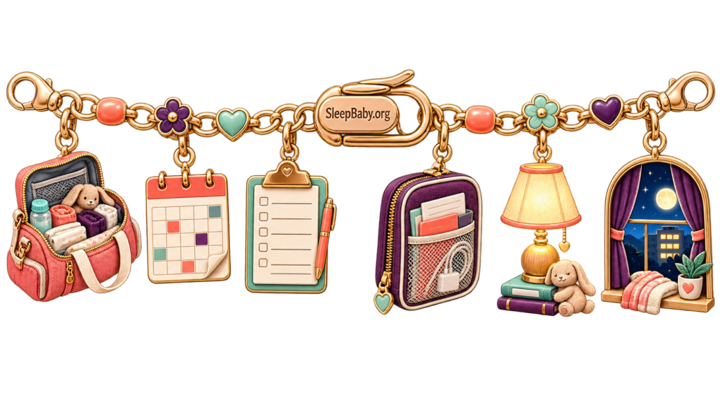 A hospital-bag preparation charm ribbon links an open packed bag, calendar, door list, document pouch, bedside lamp, bunny and moonlit window