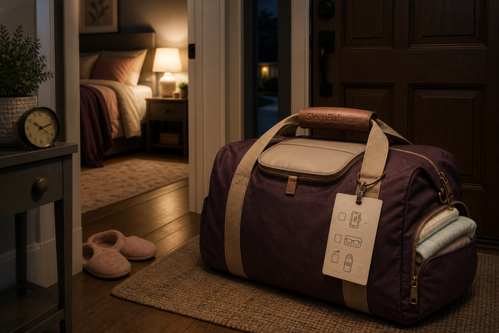 Closed plum hospital bag waits by the front door with a pictorial door list, slippers, bedside clock and warmly lit bedroom visible at night