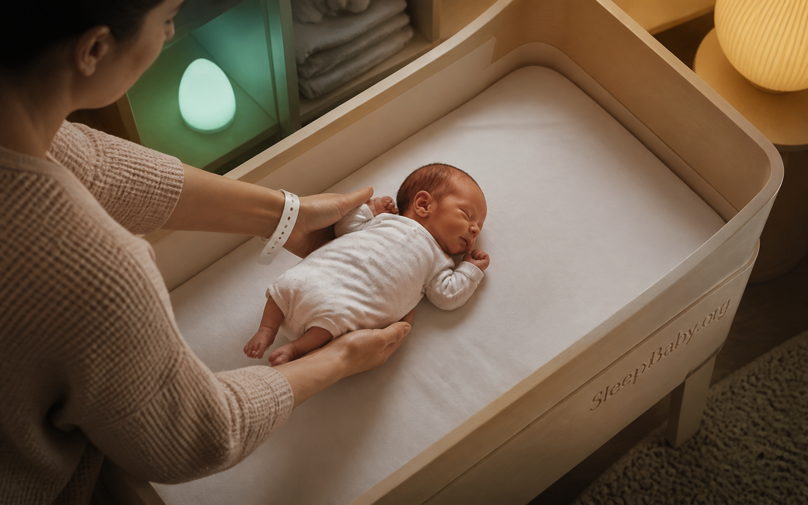 Caregiver placing a premature baby on the back in a clear home bassinet after nighttime care