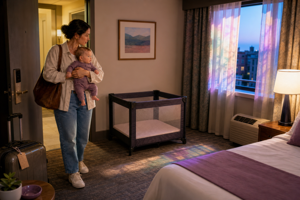 An awake caregiver holds an awake baby at a hotel doorway while an empty portable crib waits across the room.