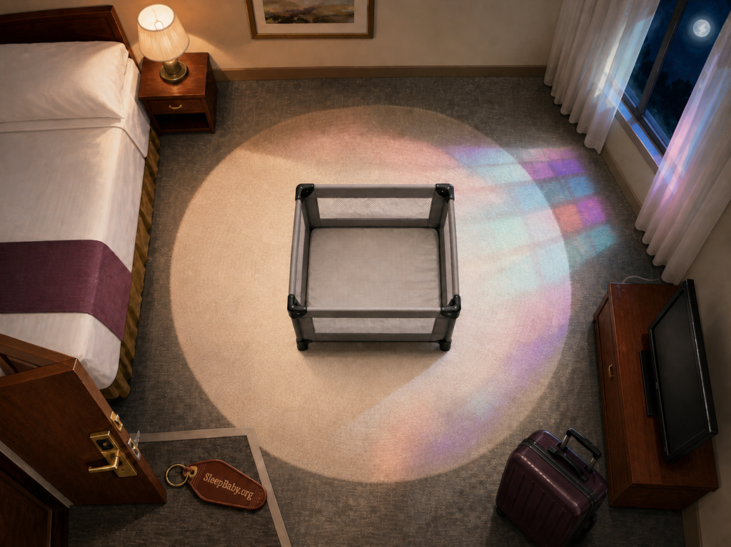 A clear circle surrounds the empty hotel play yard while the bed, lamp, television, curtains, HVAC unit, and luggage stay outside it.