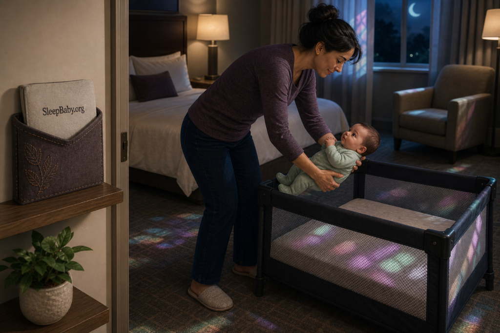 After nighttime care, an awake caregiver returns the awake baby to the separate bare hotel play yard instead of the bed or chair.