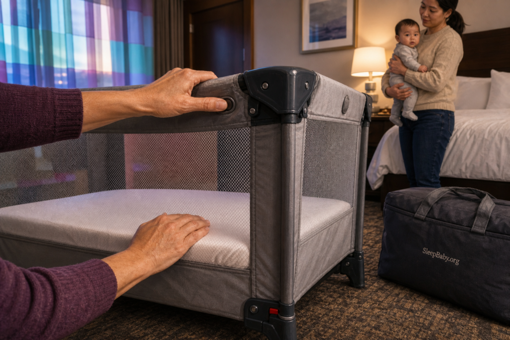 The empty hotel play yard is inspected at the lock, mesh, fitted pad, and lower frame while the baby stays safely held elsewhere.